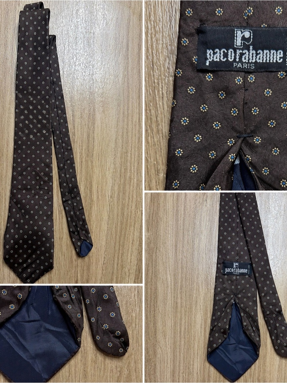 Paco Rabanne Paris 100% Silk Tie Brown w/ Small Floral Dot Pattern Designer